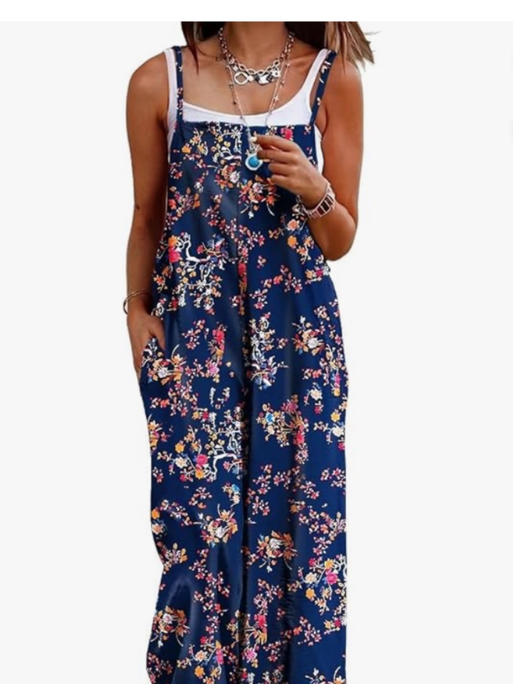 Women's Summer Boho Cotton Jumpsuits Wide Leg Overalls Floral Print with pockets